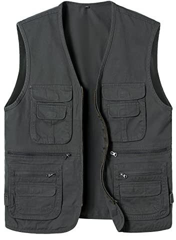 Yukirtiq Hombre Chaleco de Pesca Chalecos Deportivos Fotografia Chaleco de Trabajo Multibolsillos Chaqueta Sin Mangas Safari, Gris oscuro, 4XL