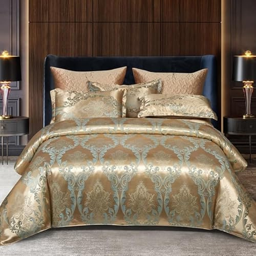 DXHOME Satin Bed Linen 155 x 220 cm, Gold Smooth Shiny Romantic Baroque Duvet Cover, Luxurious Modern Summer Bed Linen Duvet Cover Sets with Zip and 2 Pillowcases 80 x 80 cm
