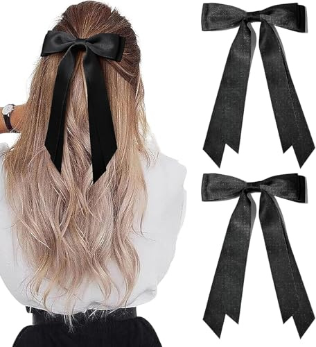ZUFIO 2PCS Silky Satin Hair Bows Clip Hair Ribbon Ponytail Holder Accessories Slides Metal Clips Bow for Women Girls Toddlers Teens Kids (Black+Black, S)