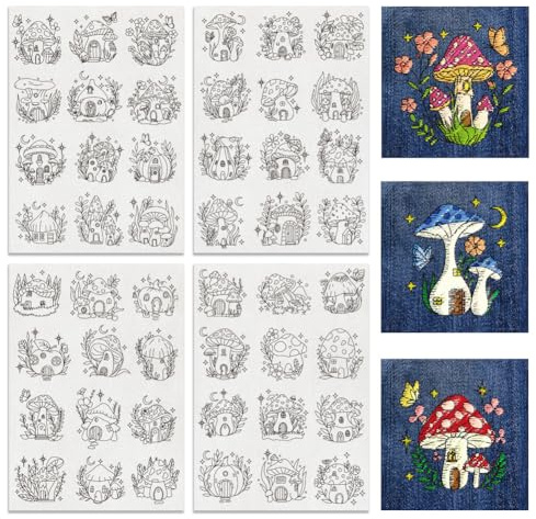 BENECREAT 4Sheets 48Pcs Mushroom Hut Water Soluble Embroidery, 29.7x21cm Stick and Stitch Embroidery Paper Stabilizer Water Soluble Hand Sewing for Shirts, Coats, Bags