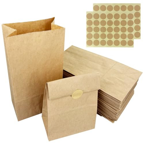 Gentpovth 50 Stück Papiertüten mit 75 runden Aufkleber, 18 x 9 x 5,5 cm Braun Kraftpapiertüten, Wasser- und ölbeständiger, zur Aufbewahrung von Nüssen, Süßigkeiten und verpackten Geschenken verwendet