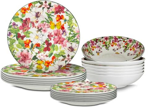 ARCA, Set 18 Piatti Coordinati Spring in Porcellana e Ceramica Decorata, Servizio per 6 Persone, con Piatti Fondi, Piani e da Dessert