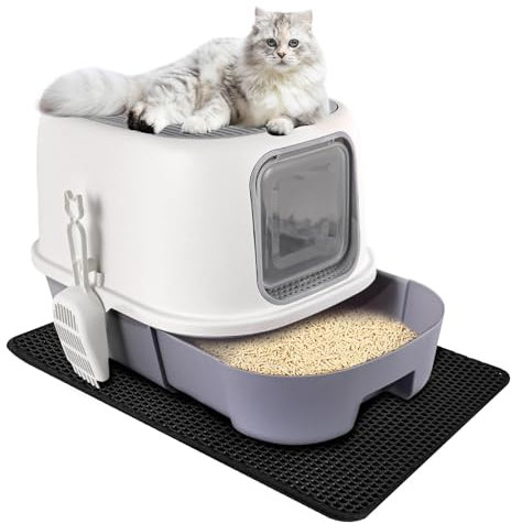 CALIYO Katzenklo mit Deckel – Anti-Geruch Katzentoilette Geschlossen hoher Rand, Katzenklo Groß XXL für Große Katzen, Cat Litter Box Set mit Schublade & Sieb und Matte (53×41×40 cm, Grau-Weiß)