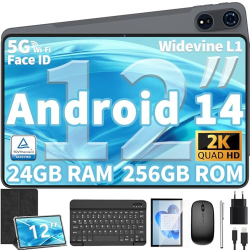 Tablet 12 Zoll Android 14 Tablet, 24GB(8+16)RAM+256 Storage(Expand to 1TB), Android Tablet mit Tastatur, Octa-Core, 2K 2000x1200 Display, 16MP Dual Kamera, 8000mAh, 5G WiFi,GPS,Bluetooth 5.0(Schwarz