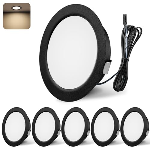 YindaLux 6 x LED infälld spotlight 12 V DC svart 3 W 4000 K dimbart hål 55–58 mm | 300 LM, neutral vit, 2 m kabel, aluminiumhus, rund, för husvagn, båt, kök, garderob, utan transformator