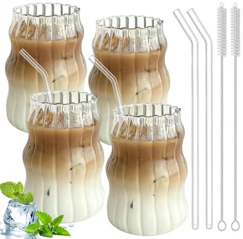 PRITOK Juego de 4 vasos de café de 530 ml, para café, té, cola, refrescos, cócteles con pajitas de cristal, cepillos