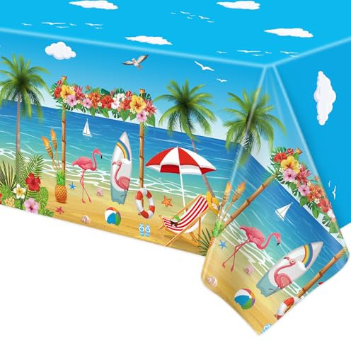 4 Pack Beach Theme Party Tablecloth Aloha Luau Hawaiian Birthday Party Table Cloth Flamingo Surfboard Table Cover Disposable Pool Party Decorations for Baby Showers Seaside Beach Pool Party 86×51 In