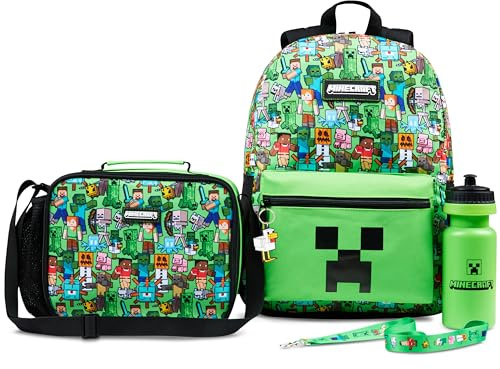 Minecraft Sac à Dos Enfant 5 Pièces Bouteille d'eau Sac Repas Isotherme Kawaii Trousse Sac à Cordon ou Lanière et Porte Clés (Vert AOP)