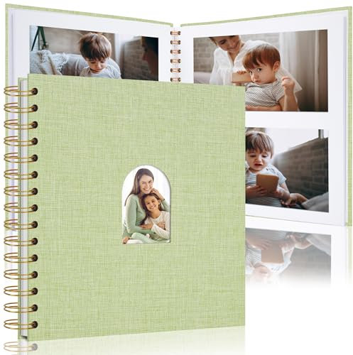 Scrapbook Photo Album Linen Cover, Hardcover Kraft White Pages Memory Book, for Travel Wedding Guest Book Christmas Baby Shower Grass Green 8 Inch 20 Pages
