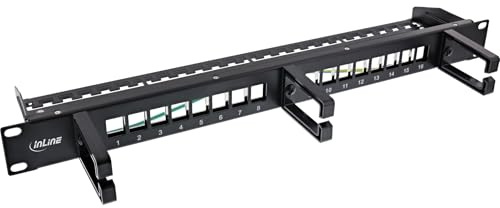 InLine Patchfeld 16-vägs Keystone, 19 tum 1HE, med 3 kabelkrokar, tom panel för nätverk och multimedia, rackmontering, svart, 76822B