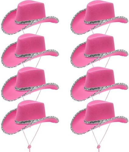 Paquete de 8 sombreros de vaquero de lentejuelas rosas a granel para mujer, sombreros de fiesta de vaca tejana para adultos, despedidas de soltera, fiestas de cumpleaños