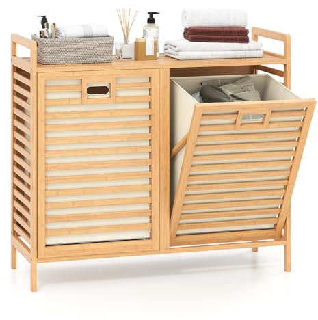 COSTWAY Bamboo Laundry Basket, 2-Compartment Laundry Hamper with Tilt-out Removable Bags and Shelf, Dirty Clothes Cabinet Bin Washing Basket Sorter Organiser for Bathroom Bedroom, 80x30x72cm, Natural