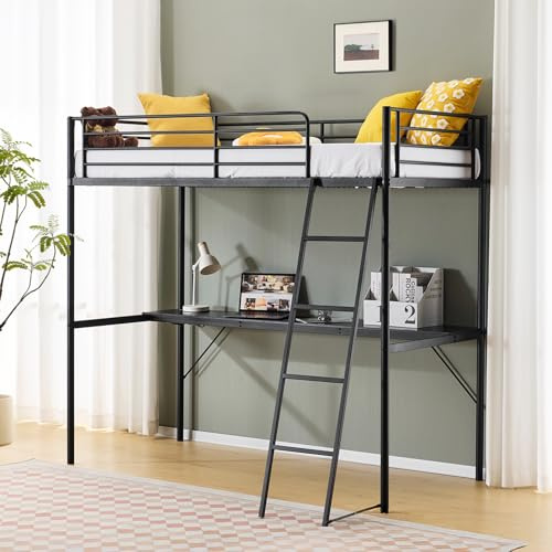 Bonnlo Loft Bunk Bed with Desk, Non-Slip Inclined Ladder Single Loft Bed with Outlet and LED Light Strip, Multifunctional Raised Metal Bed Frame for Kids, Teens and Adults, Black