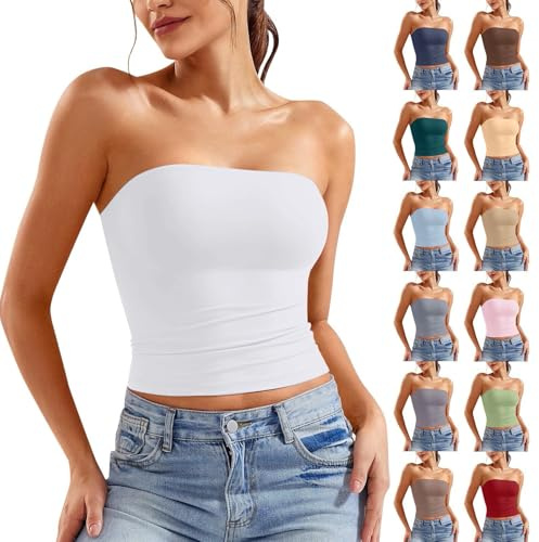 Bandeau Tube Top Femme Haut Court Dos Nu T-Shirt Sexy Caraco sans Bretelles Débardeur sans Manches Y2K Crop Top Bustier Mode Couleur Unie Slim Fit Tube Tops