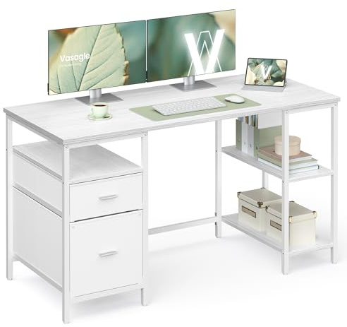 VASAGLE Scrivania per Computer, Tavolo da Ufficio, Scrivania con 3 Ripiani, 2 Cassetti, 140 x 60 x 76 cm, per Ufficio, Soggiorno, Stile Moderno, Bianco Acero e Bianco Nuvola LWD104WF01