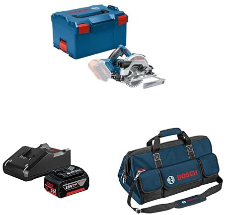 Bosch 18V System Akku Kreissäge GKS 18V-57 G (inkl. L-BOXX, ohne Akku/Ladegerät) + Bosch 18V System Akku Starter-Set: 1x GBA 18V 4.0Ah Akku + Schnellladegerät GAL 18V-40 + erkzeugtasche Größe L