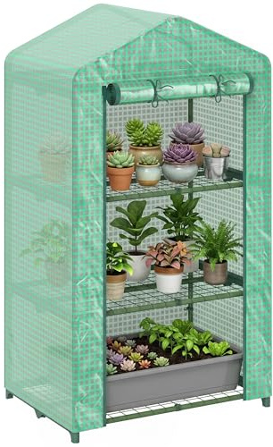 Outsunny Invernadero de Jardín de 3 Niveles, Invernadero de Exterior con 3 Estantes, Puerta Enrollable, Marco de Metal, Cubierta de PE, Anti-UV, Impermeable, para Terraza, Patio, 69x49x125 cm, Verde