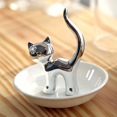PUDDING CABIN Cat Ring Holder Gift for Women, Cat Mom Mothers Day Gifts, Birthday Gifts for Women Girls Friends, Cute Kitty Ceramic Jewelry Rings Earrings Necklace Holder Home Decor
