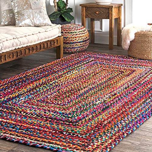 Baumwolle Flickenteppich - Rechteckiger Handgeflochtener Böhmischer Bunter Teppich Boden Teppiche - Recyceltes Chindi - Biologisch Abbaubar - 91x61 cm - Dekoratives Element für Büro und Zuhause