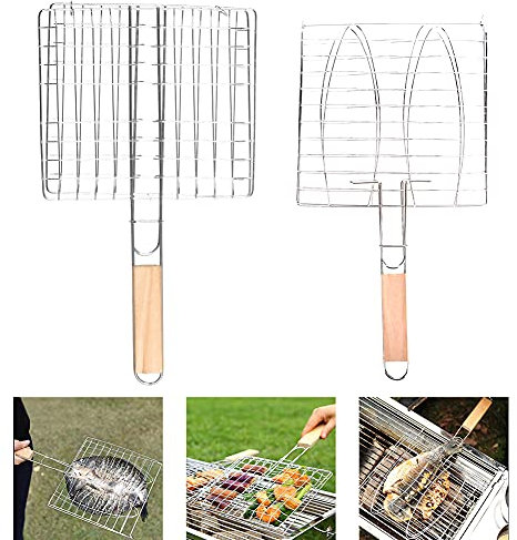 XINYIND XYDZ Grillkorb Set Grill Fischhalter Edelstahl, 2er Set Grillkorb Edelstahl Grill-Wender BBQ Zubehör Fisch-Bräter Holzgriff für Fisch Gemüse Steak Garnelen BBQ