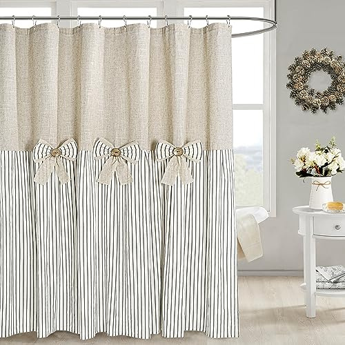 DOSLY IDÉES Linen Button Farmhouse Beige Shower Curtain,Bowknot,Linen and Cotton Woven Fabric,Pleated Gray Stripe,Country Style,72x72 in