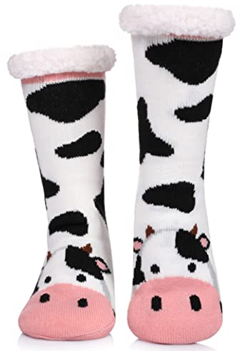 LINEMIN Womens Winter Slipper Socks With Grippers Cozy Warm Cute Fuzzy Slipper Socks (Cow-Black and White)