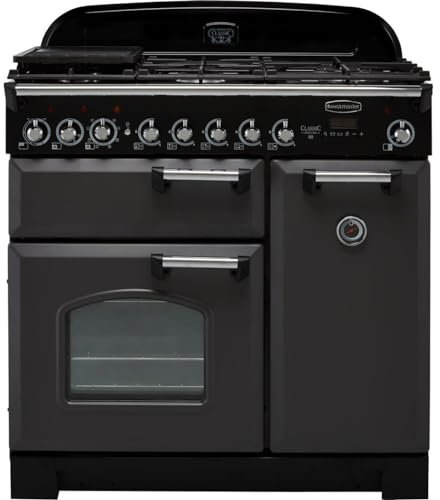 Rangemaster Classic Deluxe CDL90DFFSL/C 90cm Dual Fuel Range Cooker - Slate Grey/Chrome