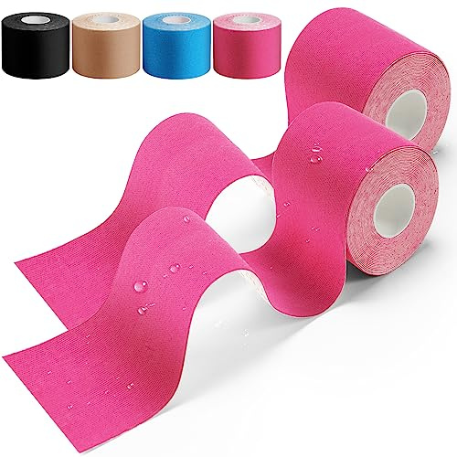 HONYAO Kinesiotape 2 Rollos, Cinta Kinesiología Tape 5cm x 5m, Impermeable Esparadrapo Deportivo, Elastica Neuromuscular Quinesiologica Fisioterapia Transpirable Kinesio Tape Vendaje, Rosa
