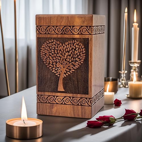 Urne Funéraire en Palissandre pour Cendres Humaines - Arbre de Vie, Forme de Cœur - Faite à la Main (Taille S : 20,3 x 12,9 cm, Bois de Rose Naturel)