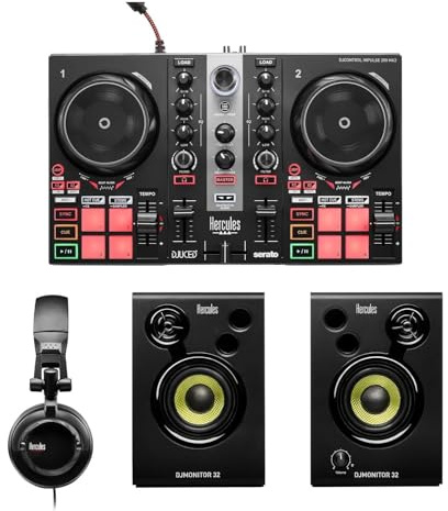 Hercules DJLearning Kit MK II including the DJ Inpulse 200 MK II controller, HD45 headphones and DJ Monitor 32 speakers