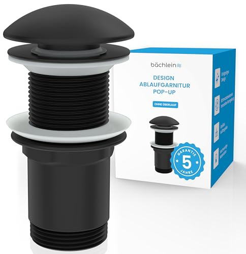 Bächlein Design Ablaufgarnitur ohne Überlauf (Matt Schwarz) - Pop Up Ventil aus Messing mit innovativer Kappenform gegen Wasserflecken Kalkränder
