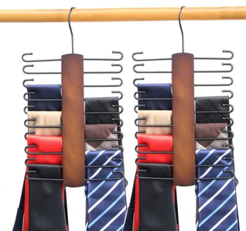 LMSAWK Wooden Tie Rack, Tie Belt Hanger for Men Closet, Non-Slip Tie Organizer with 20 Storage Capacity, 360 Degree Swivel Space Saving Tie Holder, 2 Pieces, Walnut Colour