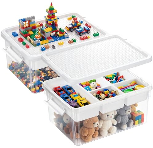 Citylife 2 Packs 16L Stackable Storage boxes with compartments, Organizers with Removable Tray, Latch Handle, Plastic Craft storage Box for Building Blocks Bricks Puzzle Board Organizer Accessories