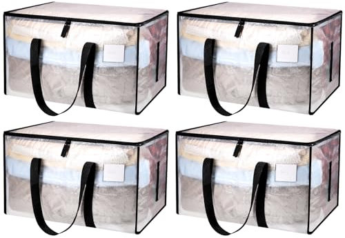 Dntorx 4 Stück 90L Große Aufbewahrungstasche mit Deckel, Transparente Umzugskartons Groß mit Reißverschlüssen Griff Kleideraufbewahrung Umzugstaschen für Umzug Camping Bettwäsche Kleidung Aufbewahrung