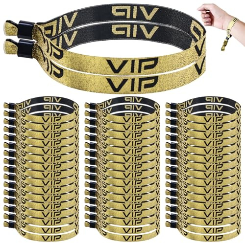GOMETY VIP Braccialetti in Tessuto: 50 Pezzi Braccialetti VIP Dorati e Neri, Impermeabili e Riutilizzabili per Concerti, Feste, Festival (Lunghezza 17cm, Larghezza 1.5cm)