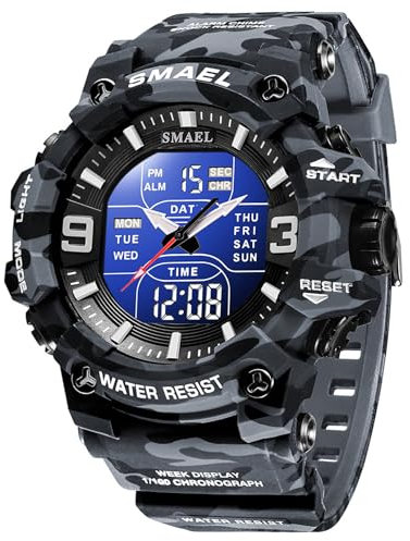 SMAALEB Montre Militaire pour Hommes Robuste avec Affichage LED, Conception étanche, Alarme et Fonction de Date - Parfaite pour Les Sports et Les activités de Plein air,Camouflage Blue