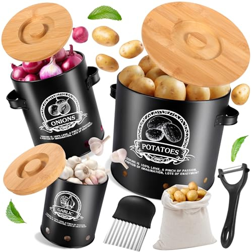 ZHHGOO Contenitore per Patate, Set di 3 Patate Contenitori Cipolle e Aglio,Porta Patate con Pelapatate e Coperchio e Fori di Ventilazione, Design Vintage, Contenitori Salvaspazio Cucina (Nero)