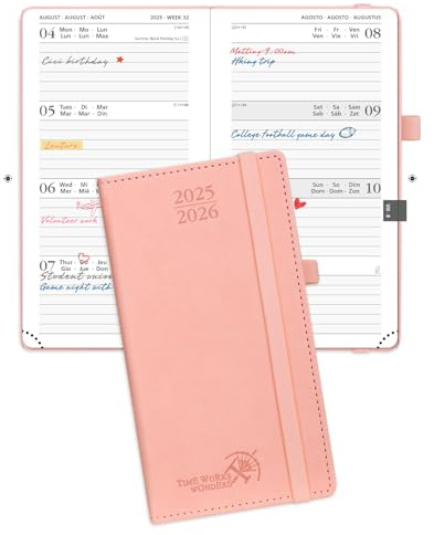 POPRUN Agenda 2025 2026 Settimanale Tascabile 16,5 x 9 cm, Diario Scuola Piccola 17 Mesi da Ago.2025 a Dic.2026, Copertina Rigida in Pelle Vegana, Carta Spessa da 80 GSM, Rosa