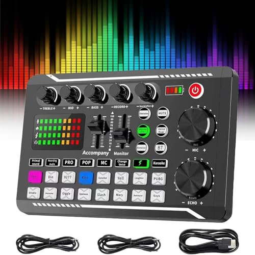 Pulunto Carte Son en Direct F998, Console de Mixage Audio Professionnelle avec Effets de Mixage DJ, Changeur de Voix et Bluetooth, Noir et Noir