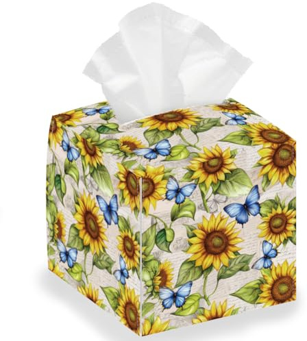 DELORIGIN Sunflowers Tissue Box Holder, Butterflies Square Tissue Box Cover Foldable Tissue Storage Boxs Waterproof Paper Towel Case Container Organizer Tissue Holder for Bathroom Car Nightstand