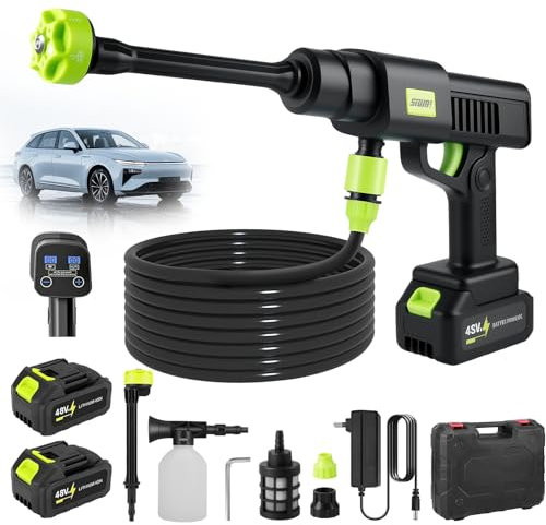 Nettoyeur Haute Pression Buse 6 en 1, Portable sans Fil Pressure Washer avec 2 Batteries et Chargeur, Pulvérisateur de Mousse, Pistolet Nettoyeur Haute Pression 4L/Min,pour Nettoyage Terrasse Jardin