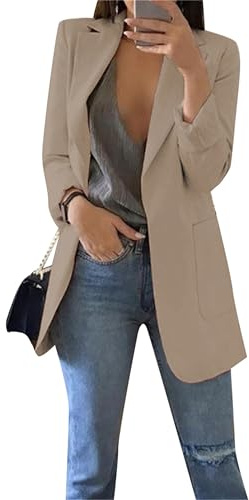 EFOFEI Damen Zeitloser Anzug Frühlings Kurz Mantel Anzüge Bolero Mit Tasche Umlegekragen Business Mantel Khaki L
