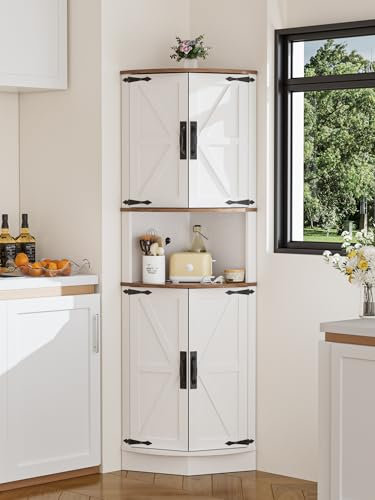 FiveWillowise Eckschrank, Hochschrank Schmal, Küchenschrank Hoch, Mehrzweckschrank mit 4 Türen und 5 Ablageflächen, 165cm Küchenschränke Schrank Holz für Küche, Wohnzimmer, Esszimmer, Weiß