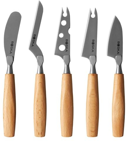 Juego de cuchillos para queso Boska Amigo Small / Juego de 5 cuchillos pequeños / Cuchillo para todo tipo de quesos / Mango ergonómico / Acero inoxidable / Madera de haya