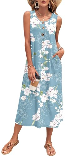 PLOKNRD Robe Longue Femme Été - Robe sans Manches Maxi Plage à Boutons avec Poches - Robe Décontractée Tank Top pour Vacances