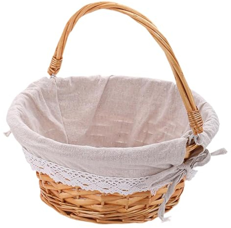 Fonowx Panier à Fruits Rond en Rotin Tressé avec Poignée, Portable, Rustique, Fait Main pour Pâques, Traditionnel et Polyvalent, Taille S Marron Clair
