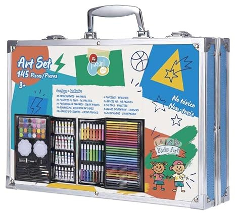 TACHAN - Maletín artístico 145 piezas para niños - Set Creativo con Rotuladores, Lápices, Ceras, Acuarelas y Accesorios - Estuche metálico - 34.5x24.3x8.7 cm (CPA Toy Group 703T01071)