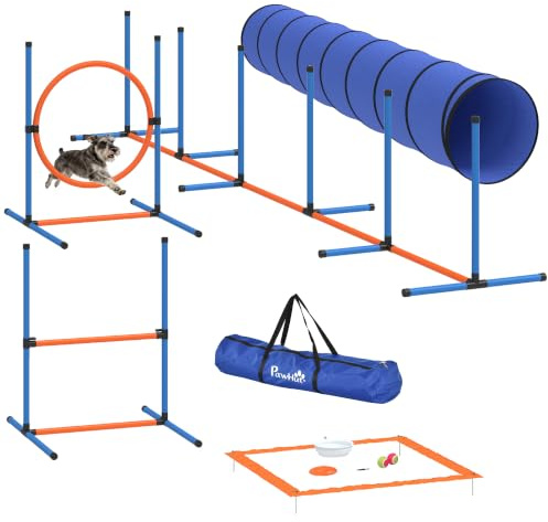 PawHut Dog Agility Equipment, 8PCS Agility Training Set, with Tunnel | Weave Poles, Adjustable Hurdles, Jump Ring, Pause Box, Bowl, Toys, Carrying Bag, Pet Obstacle Course