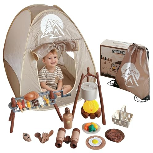 Ensemble de Camping pour Enfants, 34 pièces, Jouets de Camping avec Tente, Gril Rotatif et feu Camp pour Un Jeu imaginatif, Ensemble pour Enfants 3 à 5 Ans, Jouets d'aventure en intérieur et en
