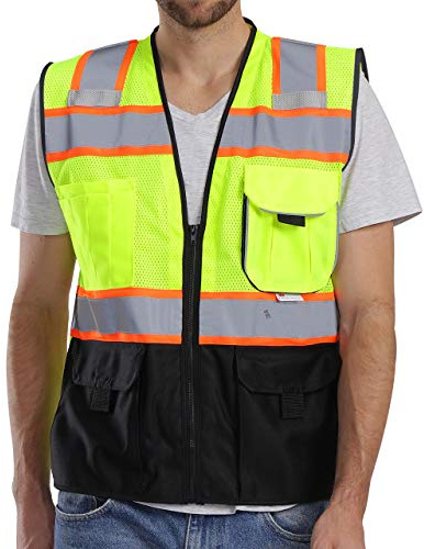 Dib Safety Vest Reflective with Pockets and Zipper, High Visibility Mesh ANSI Class 2, Made with 3M Reflective Tape, Yellow and Black Medium